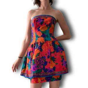 Vintage Floral Strapless Mini Dress Silk Peplum 80s